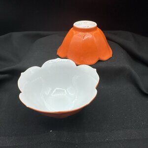 Vintage Made In Japan Orange White Lotus Petal Bowls Set 2 Dip Dessert Sushi